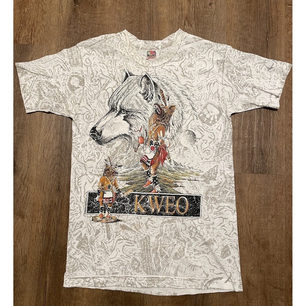 VTG KWEO Wolf T Shirt Native Indian Tribal New Mexico Medium 90s Single Stitch